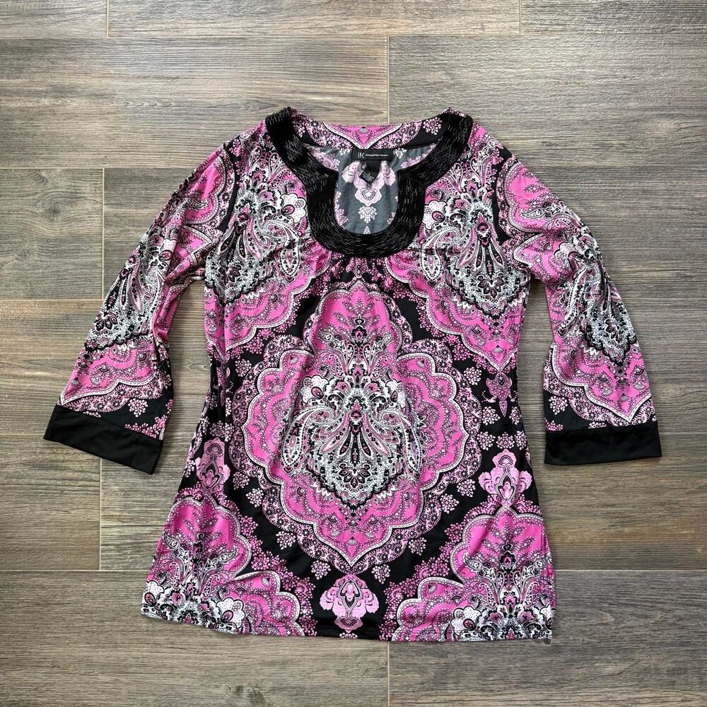Y2K INC paisley pink black white paisley beaded blouse beads on neckline